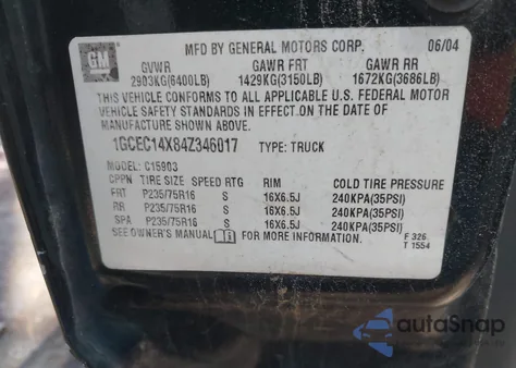 2004 Chevrolet Silverado 1500 Work Truck из США, поврежденный, VIN 1GCEC14X84Z346017